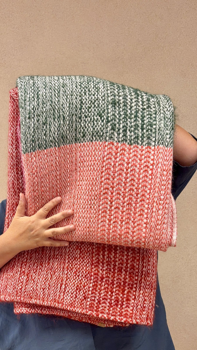 plaid laine et mohair vert sapin rose framboise rouge